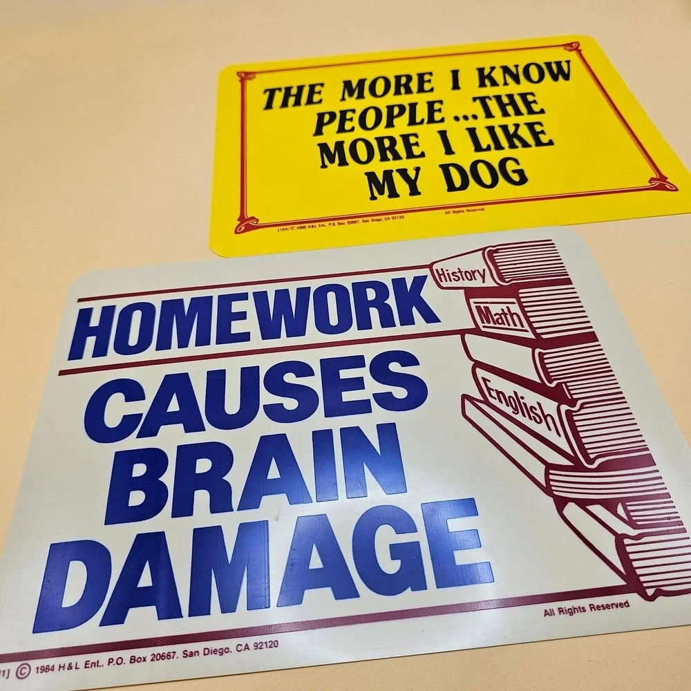 Vintage 1984 1986 H&L Ent Homework Causes Brain Damage Sign Retro Funny Set of 2